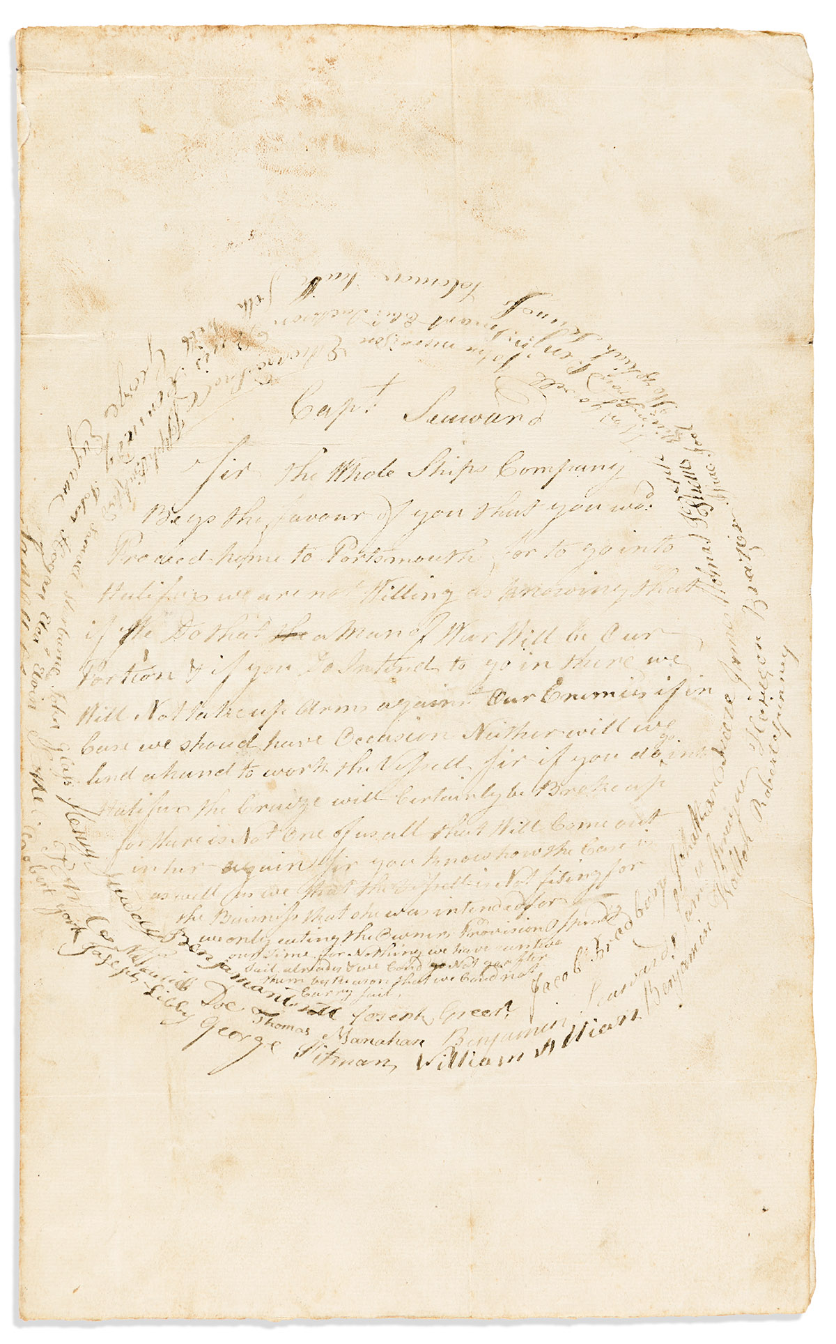 (COLONIAL WARS.) Round robin letter addressed to the captain of the Prince Edward, Private Ship of War.